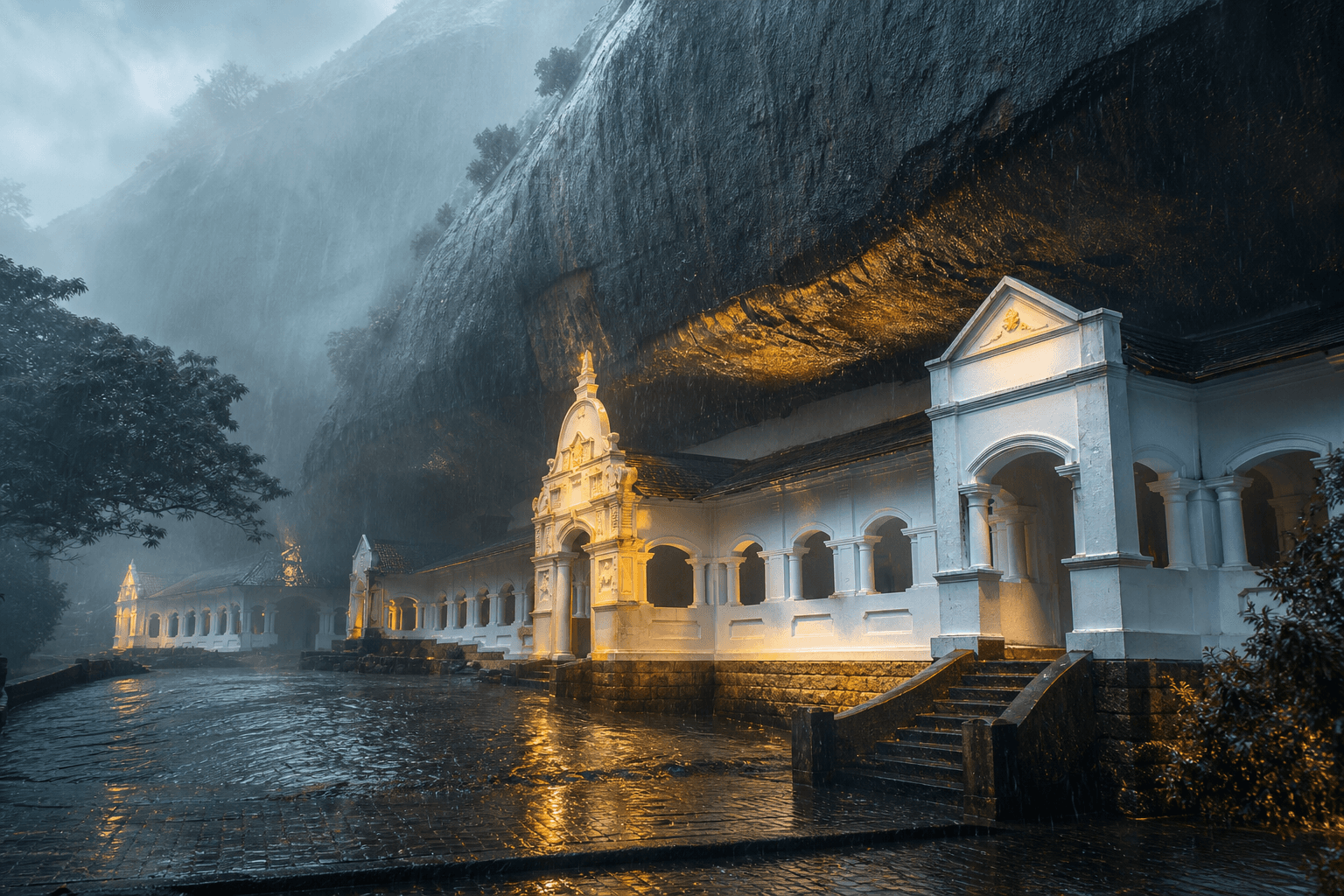 Golden Dambulla cave temple in soft mist and gentle rain — cultural journeys with Kiara Tours